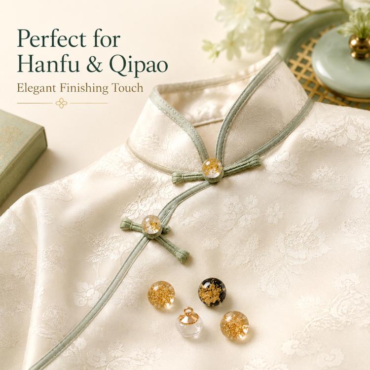 Gold foil glass bead knot buttons in clear, gold, and black-gold finishes, small loop tops