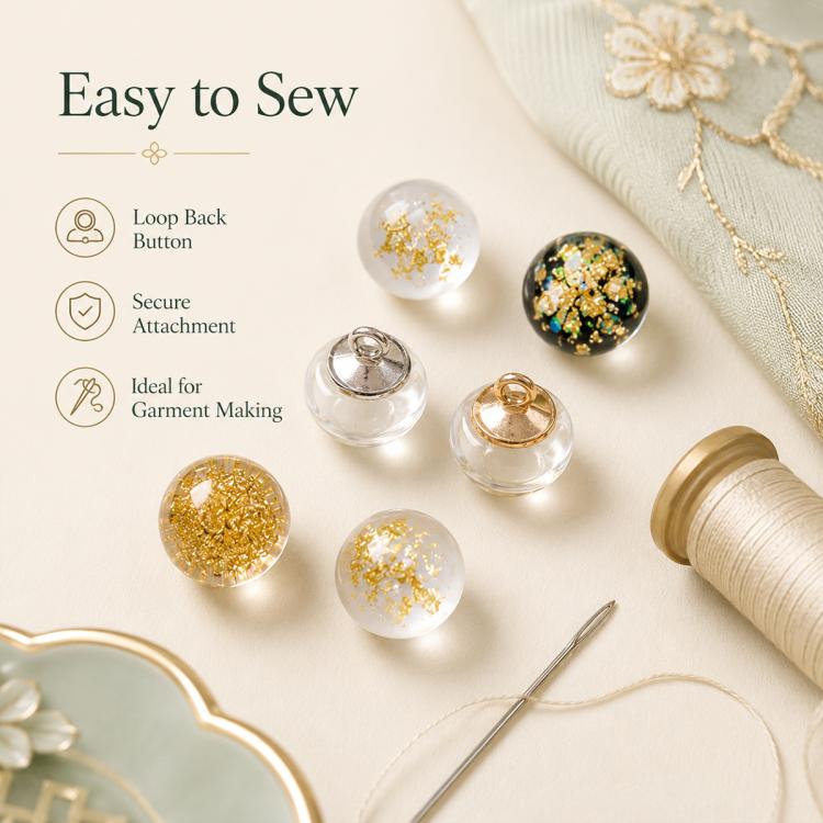 Gold foil glass bead knot buttons with loop backs; clear, gold, and black-gold styles