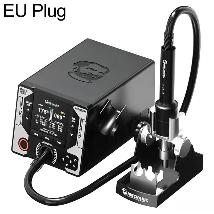Hot air rework station with EU plug, curved temperature control display and stand