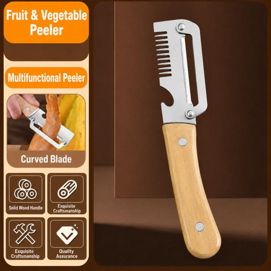 Stainless peeler with curved blade and wooden handle