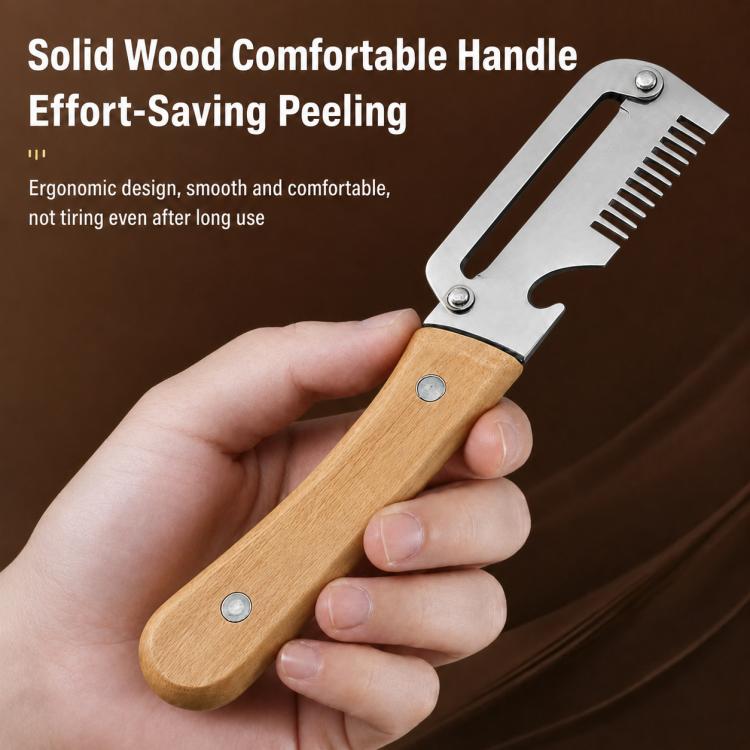 Fruit and vegetable peeler with ergonomic wooden handle and steel blade