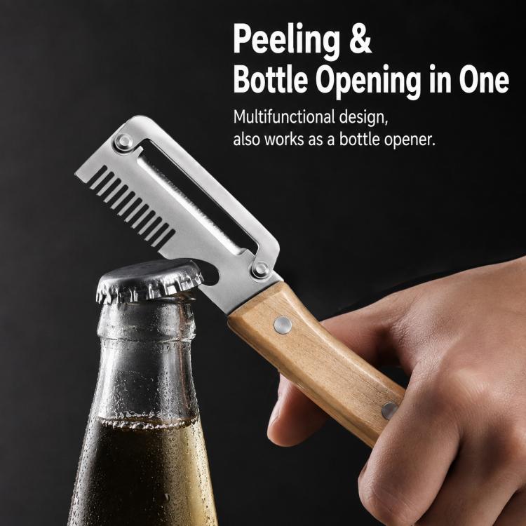 Compact stainless peeler with wooden handle and bottle-opening end