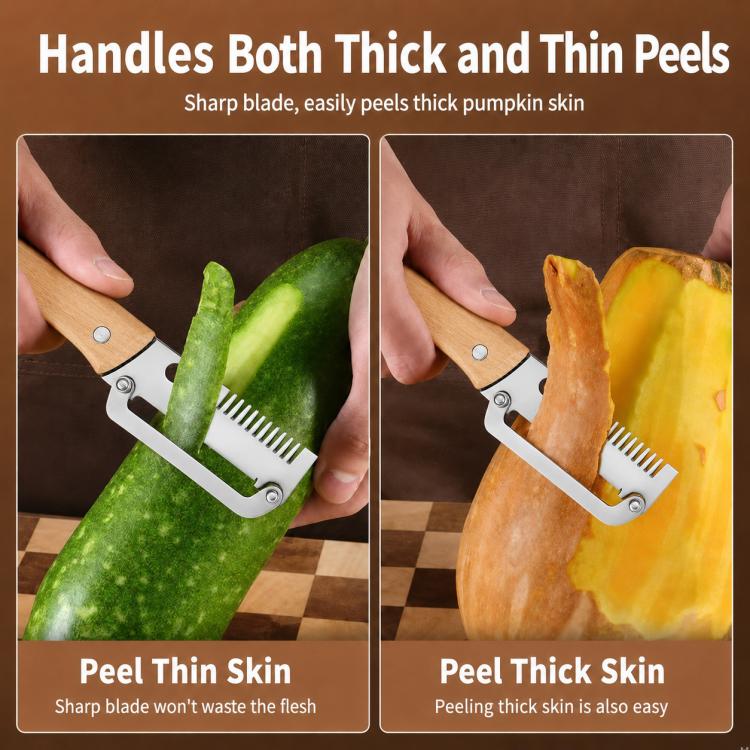 Dual-edge peeler for thin and thick peels, wooden handle with steel blade