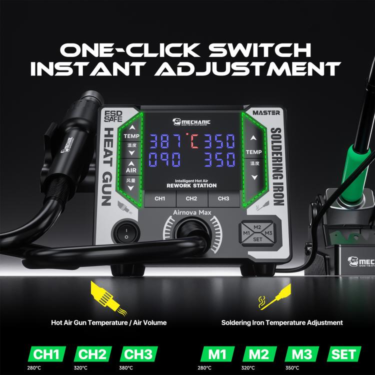 Dual-station hot air rework station control panel with illuminated temperature display