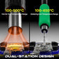 Dual-station hot air rework station showing hot air gun nozzle and soldering tip