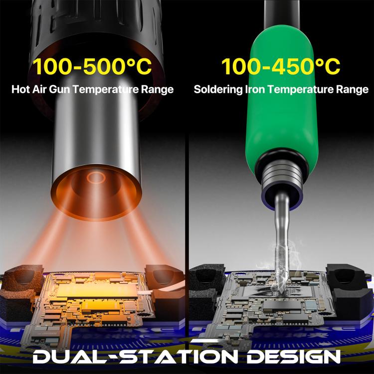 Dual-station hot air rework station showing hot air gun nozzle and soldering tip