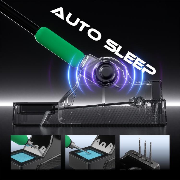 Hot air gun handle with auto-sleep indicator above a soldering rework base