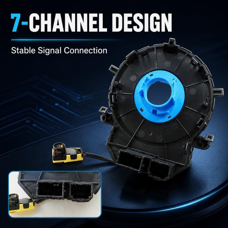 Steering wheel clock spring spiral cable with blue center ring and black connector sockets