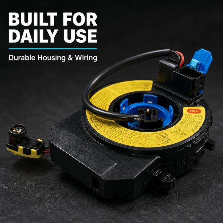 Steering wheel clock spring spiral cable with blue inner spool, yellow label, and black housing