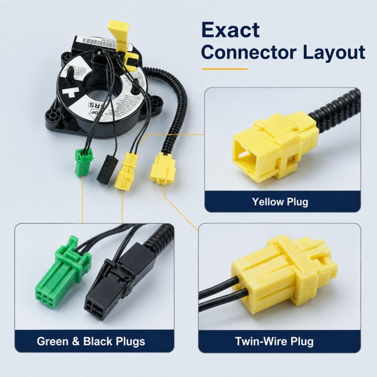 Airbag clock spring assembly with twin-wire yellow plug and green and black connectors