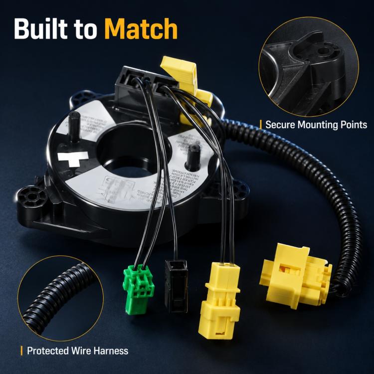 Airbag clock spring assembly with secure mounting points and yellow and green plug connectors