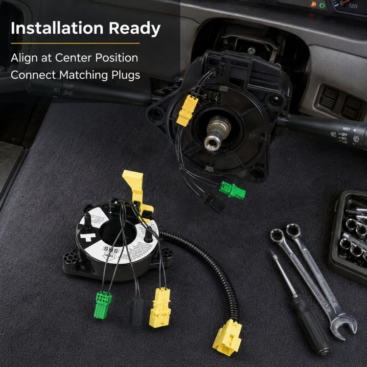 Airbag clock spring spiral cable assembly with matching yellow and green connector plugs
