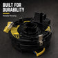 Steering column clock spring assembly, black plastic housing with yellow connector plugs