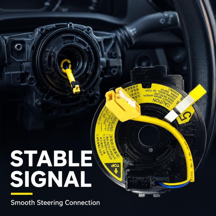 Clock spring spiral cable near steering wheel components, yellow wire on black housing