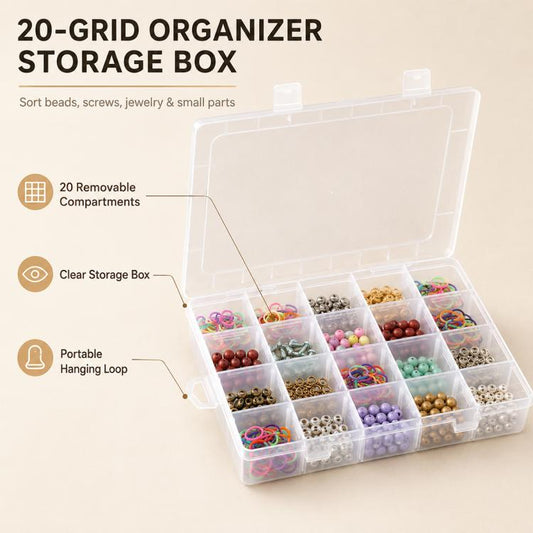 Transparent 20-compartment organizer box with open lid, colorful beads and small parts inside.