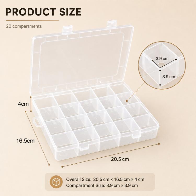 20-Compartment Detachable Transparent Plastic Storage Box, 20-Compartment