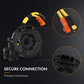 Steering wheel clock spring assembly with yellow wiring and orange airbag connector details