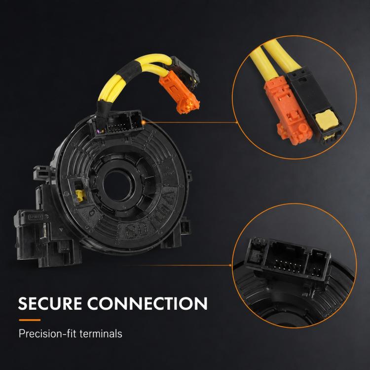 Steering wheel clock spring assembly with yellow wiring and orange airbag connector details