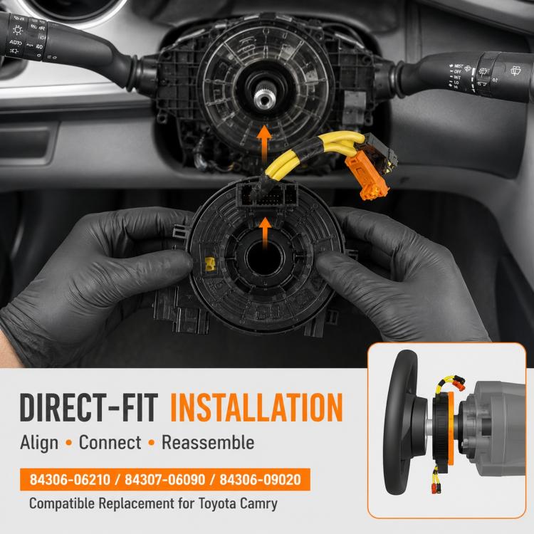Clock spring spiral cable assembly held in hands: black ring housing, yellow cable, orange connector