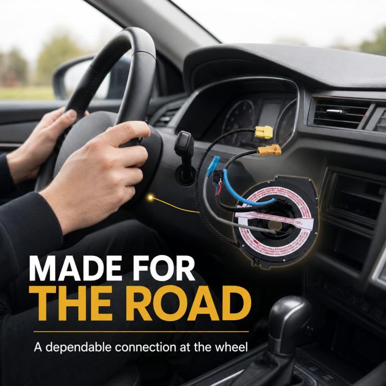 Steering wheel airbag clock spring spiral cable assembly near dashboard with connector plugs