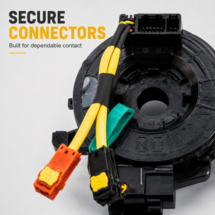 Clock spring connector assembly with black housing and yellow, green, orange plugs