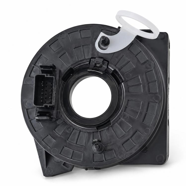 Car steering wheel clock spring, black circular housing with central ring and mounting tabs