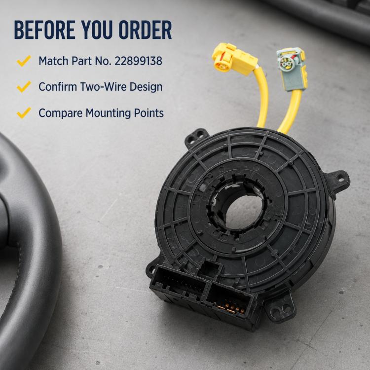 Clock spring spiral cable on work surface, black housing with yellow wires