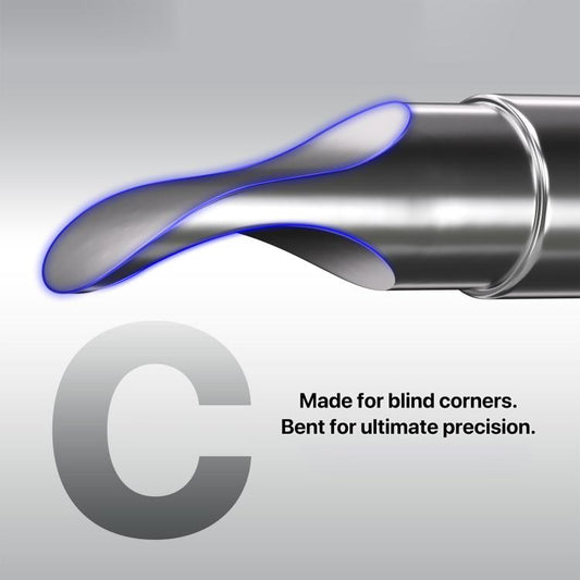Bent soldering tip with curved nozzle, silver metal shaft and dark collar