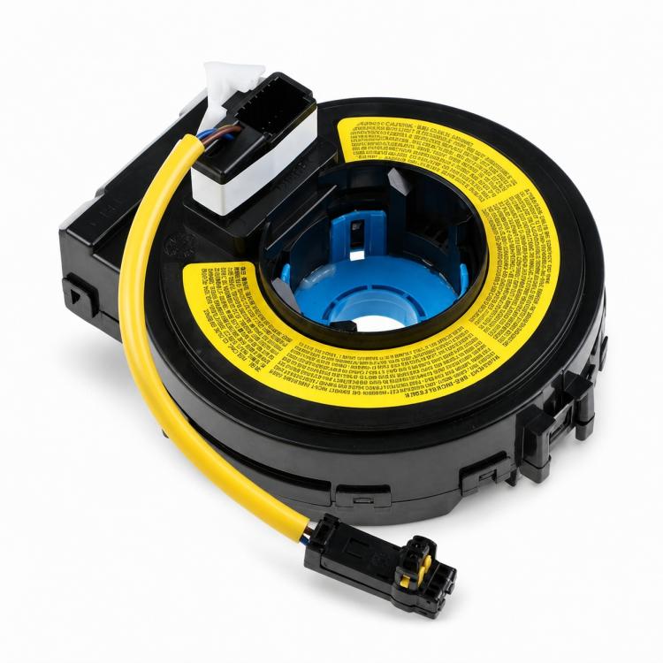Steering wheel airbag clock spring spiral cable with black housing, yellow wire and blue core