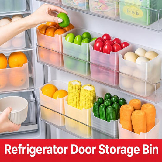 Translucent refrigerator door storage bins with produce inside, open-front access.