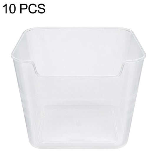 Clear plastic refrigerator door storage bin with molded handle, open top.