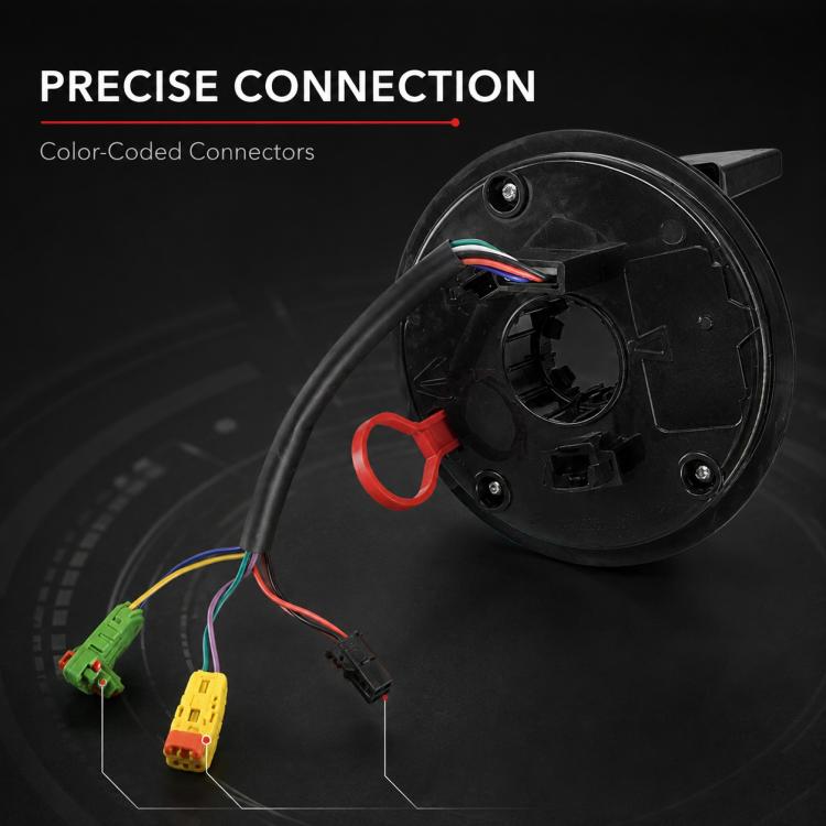 Mercedes-Benz clock spring spiral cable close-up, black housing with red and multicolor wires