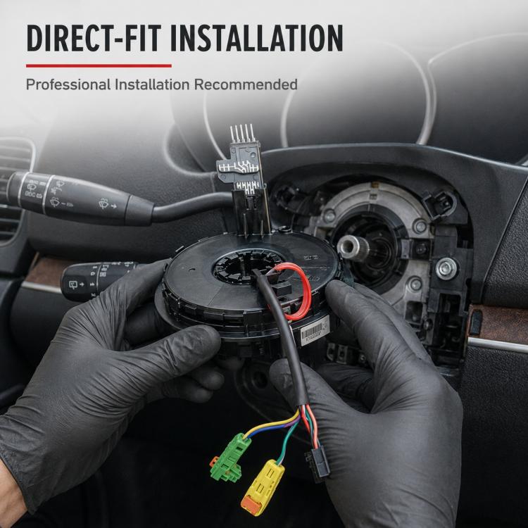 Mercedes-Benz clock spring spiral cable installation with gloved hands near steering wheel