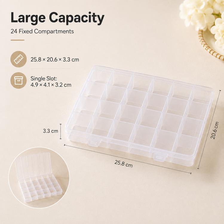 24-Compartment Non-Removable Clear Plastic Organizer Box, 24-Compartment