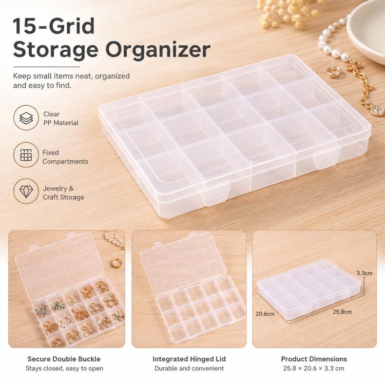 15-Compartment Non-Removable Clear Plastic Organizer Box, 15-Compartment