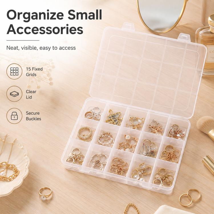 15-Compartment Non-Removable Clear Plastic Organizer Box, 15-Compartment