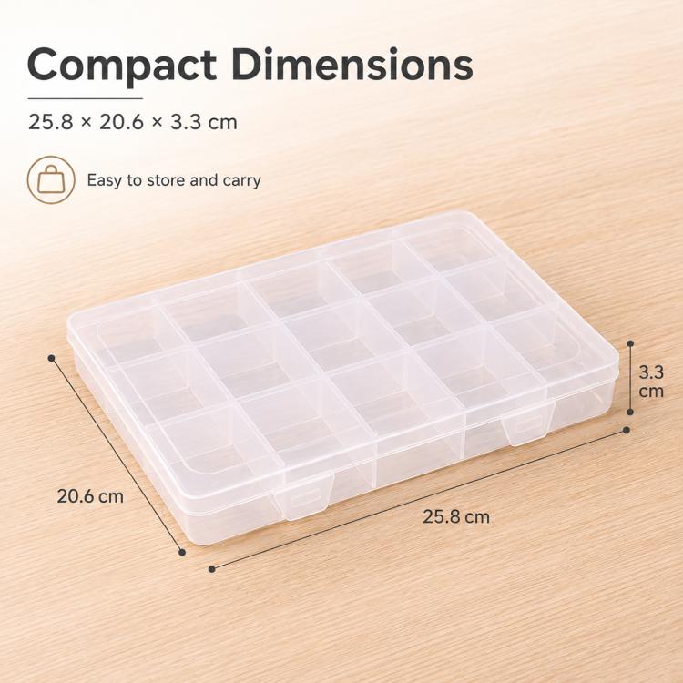 15-Compartment Non-Removable Clear Plastic Organizer Box, 15-Compartment