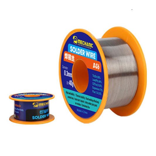 Leaded solder wire spool (DS6) with blue label, orange rim, silver wire reel