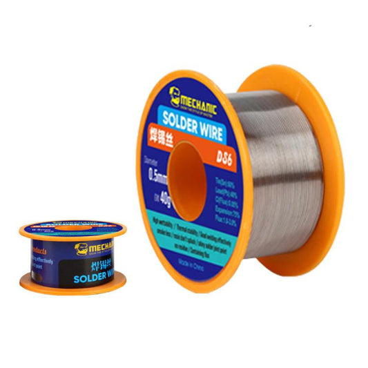 Leaded solder wire spool (DS6) with blue label, orange rim, silver wire reel
