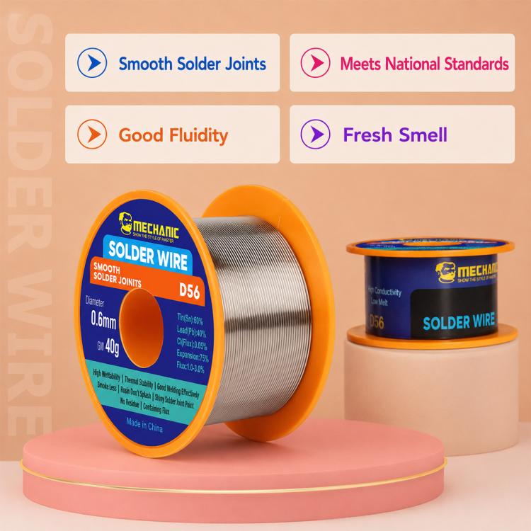 Leaded solder wire reels (DS6) with blue labels and orange rims on a display