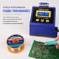 Leaded solder wire DS6 spool and soldering tip working on a green PCB