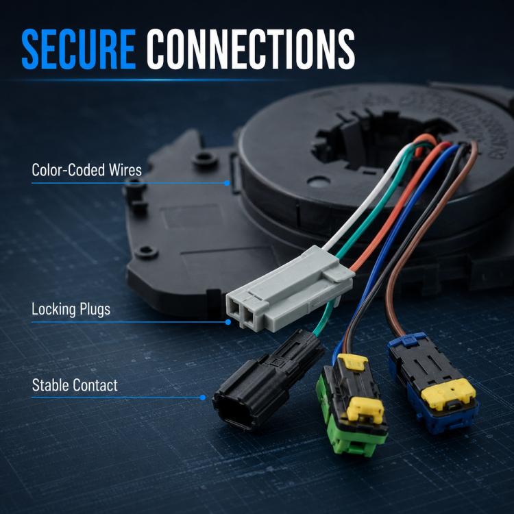 Airbag clock spring housing with multi-colored wires and plug connectors
