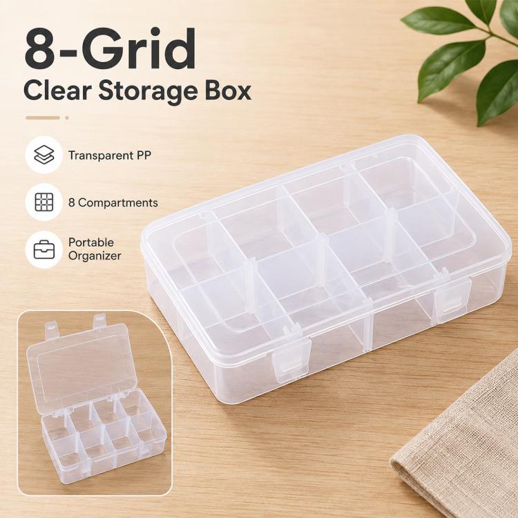 8-Compartment Adjustable Dividers Clear Plastic Organizer Box, 8-Compartment