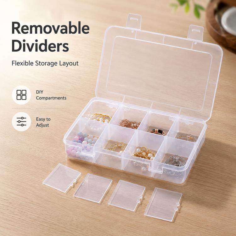 8-Compartment Adjustable Dividers Clear Plastic Organizer Box, 8-Compartment