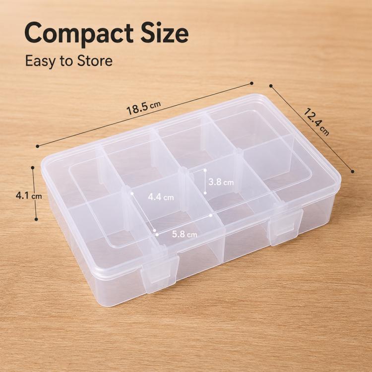 8-Compartment Adjustable Dividers Clear Plastic Organizer Box, 8-Compartment