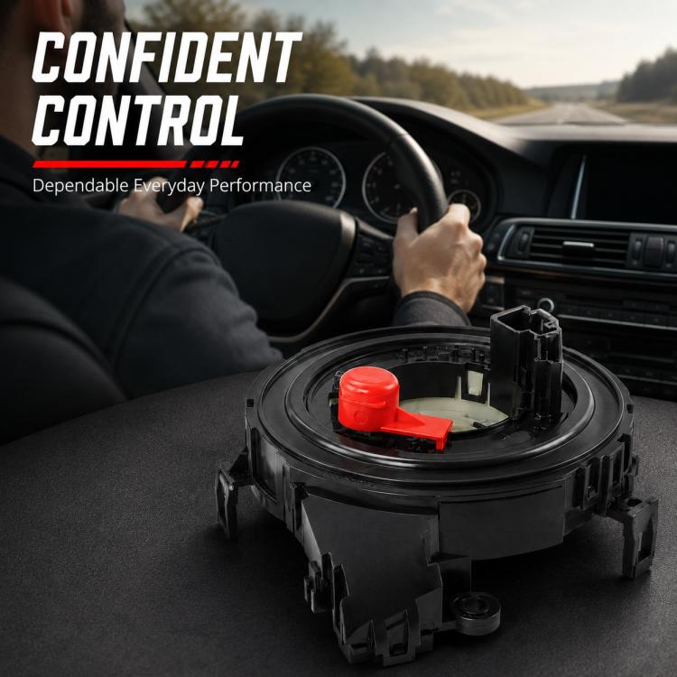 Car steering wheel airbag clock spring spiral cable in dashboard area, red release tab visible