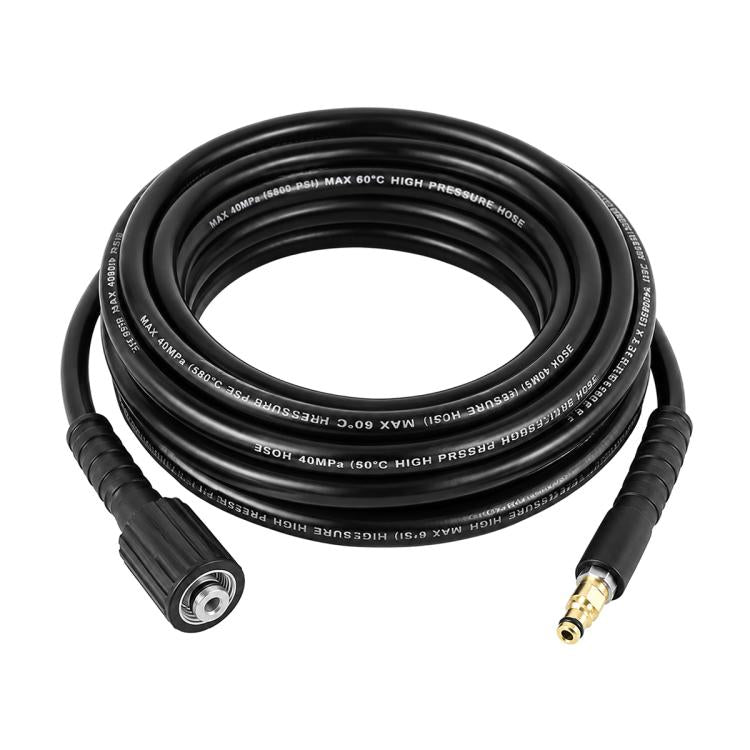 High-pressure washer extension hose, black rubber, with two end connectors (brass and metal).