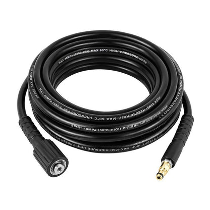High-pressure washer extension hose, black rubber, with two end connectors (brass and metal).