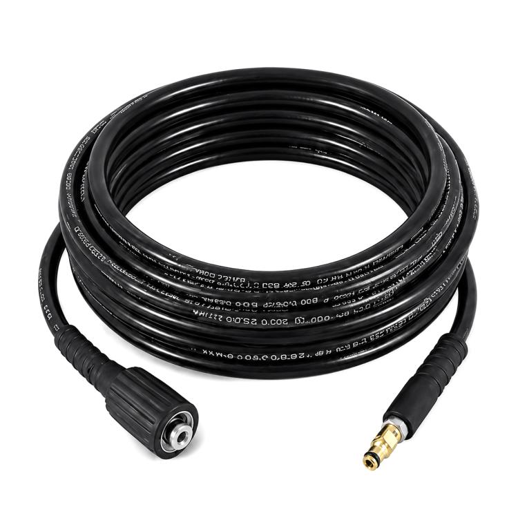 Black high-pressure washer hose extension coiled, with one metal quick-connect end and brass end.