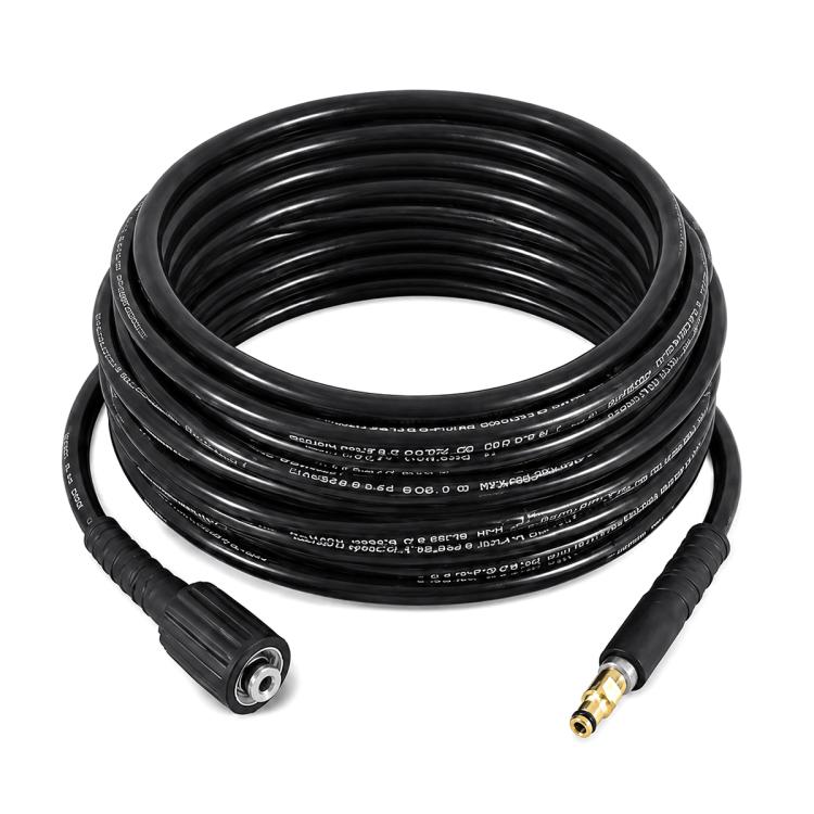 Coiled black high-pressure washer extension hose with metal quick-connect and brass outlet connector.